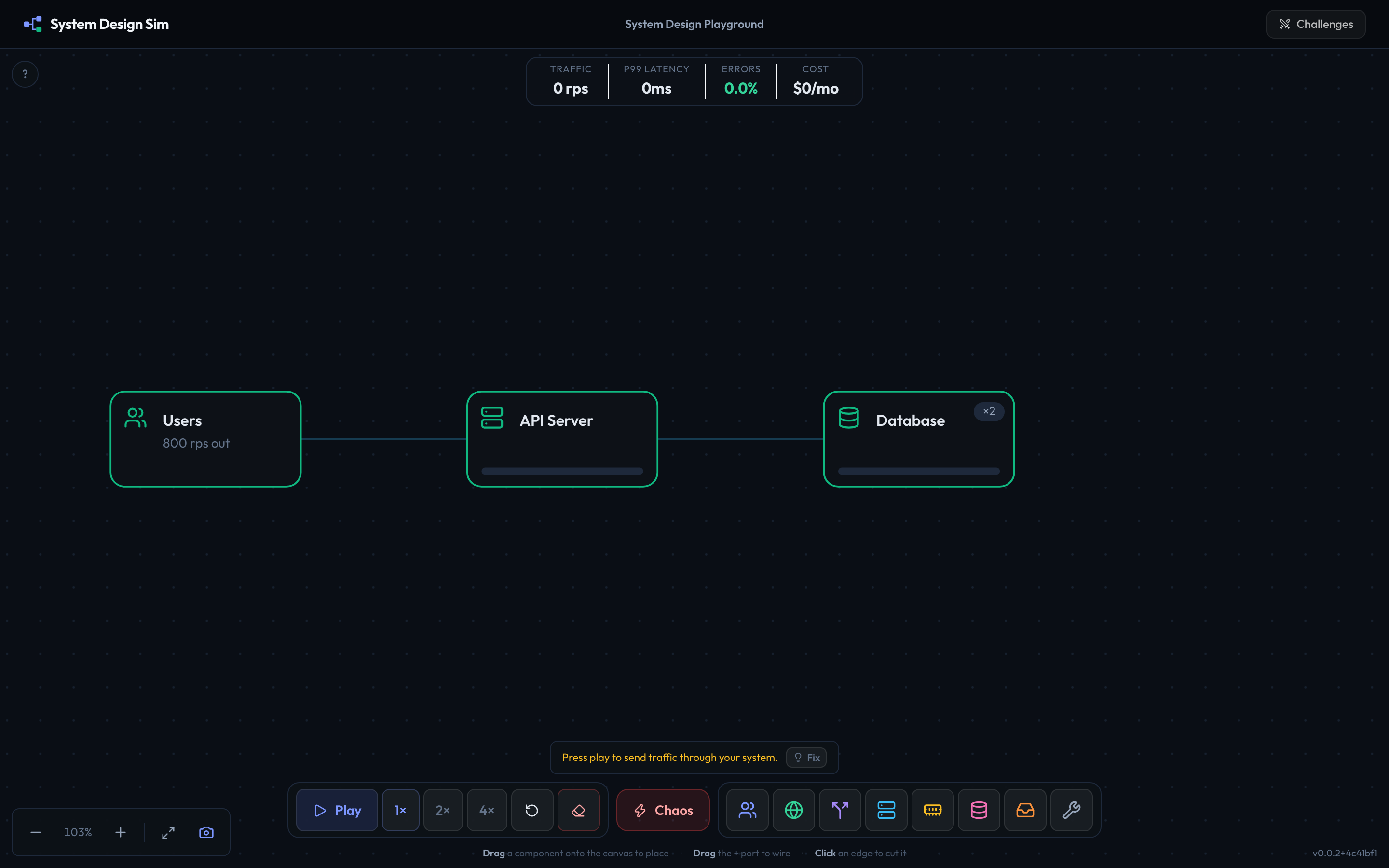 The System Design Sim playground: users, an API server and a database wired together on a canvas, with the component dock below.